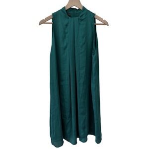 Mango Suit Shift Dress Large Emerald Green High Neck Pleated Sleeveless Mini